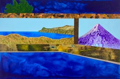 Eternal Summer, blue and purple surrealistic painting of mountains, water