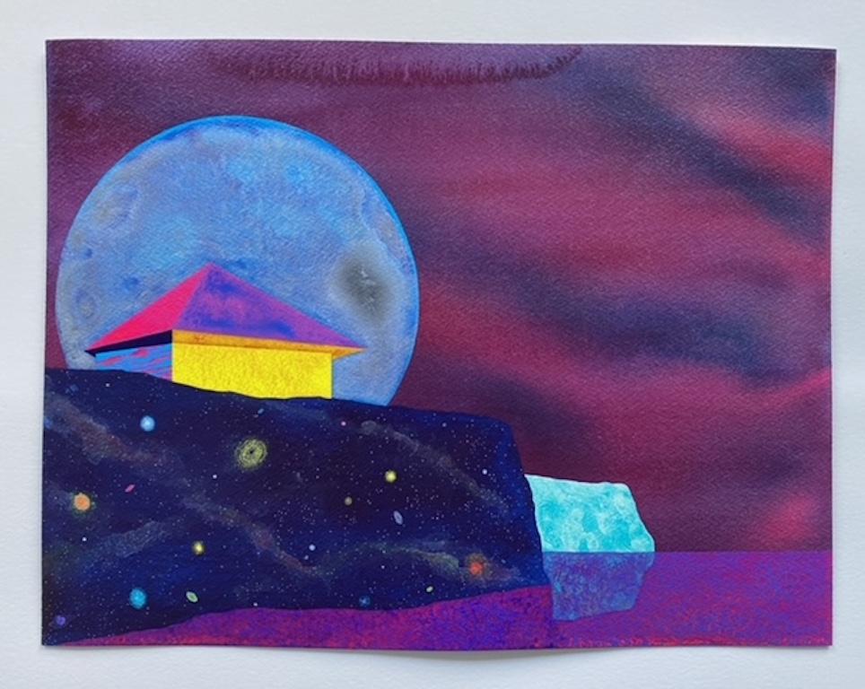 Evening Perspective, small house against purple sky and moon, surreal landscape 3