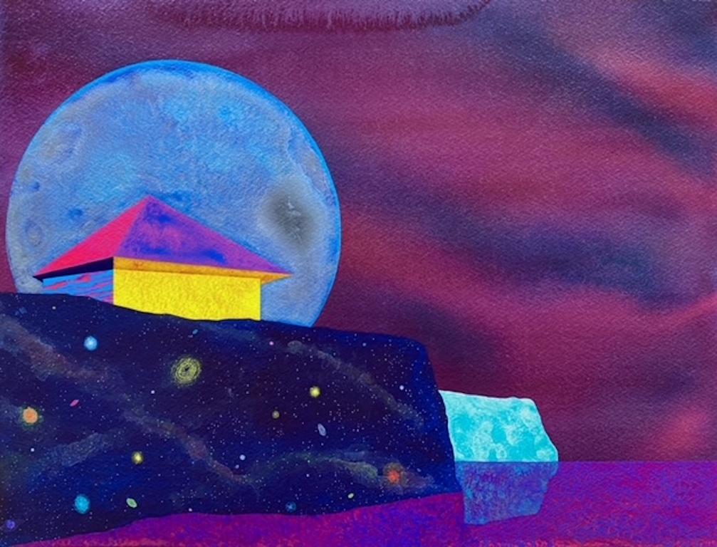 James Isherwood Landscape Painting - Evening Perspective, small house against purple sky and moon, surreal landscape