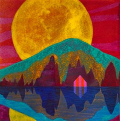 Fever, house and mountain with yellow moon, bright landscape, work on paper