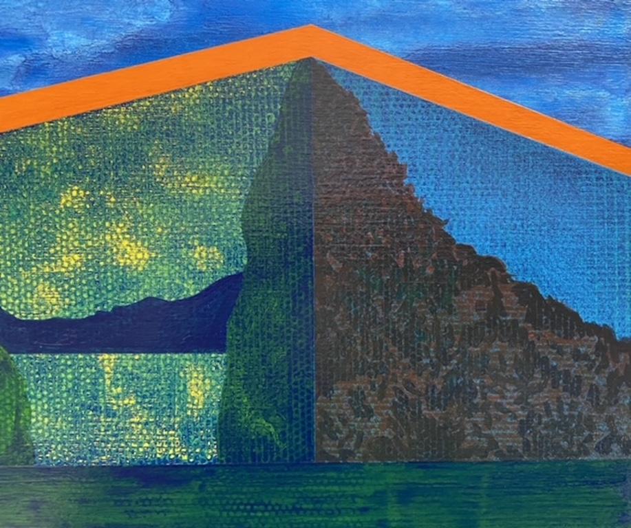Gardener, surreal painting on panel of architecture, blue, green and orange - Painting by James Isherwood