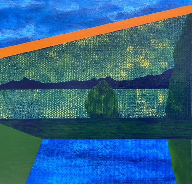 Gardener, surreal painting on panel of architecture, blue, green and orange - Contemporary Painting by James Isherwood