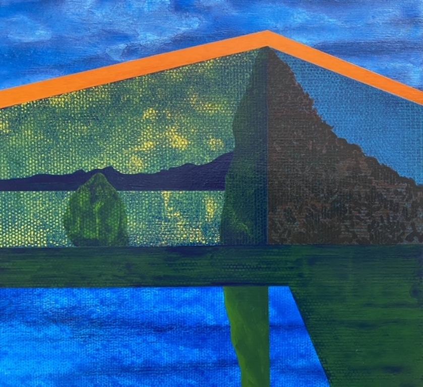 Gardener, surreal painting on panel of architecture, blue, green and orange - Blue Landscape Painting by James Isherwood