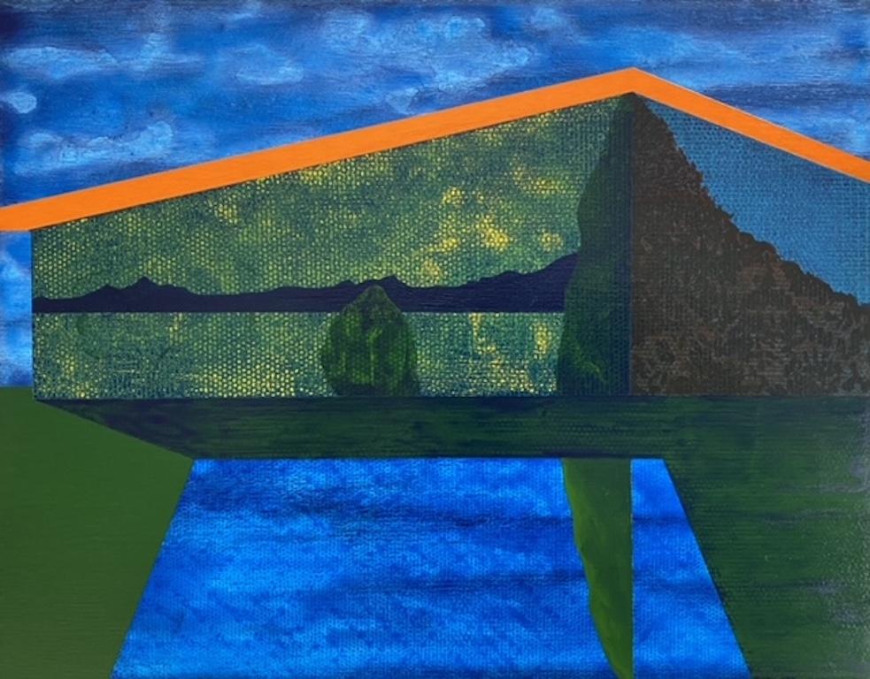 James Isherwood Landscape Painting - Gardener, surreal painting on panel of architecture, blue, green and orange