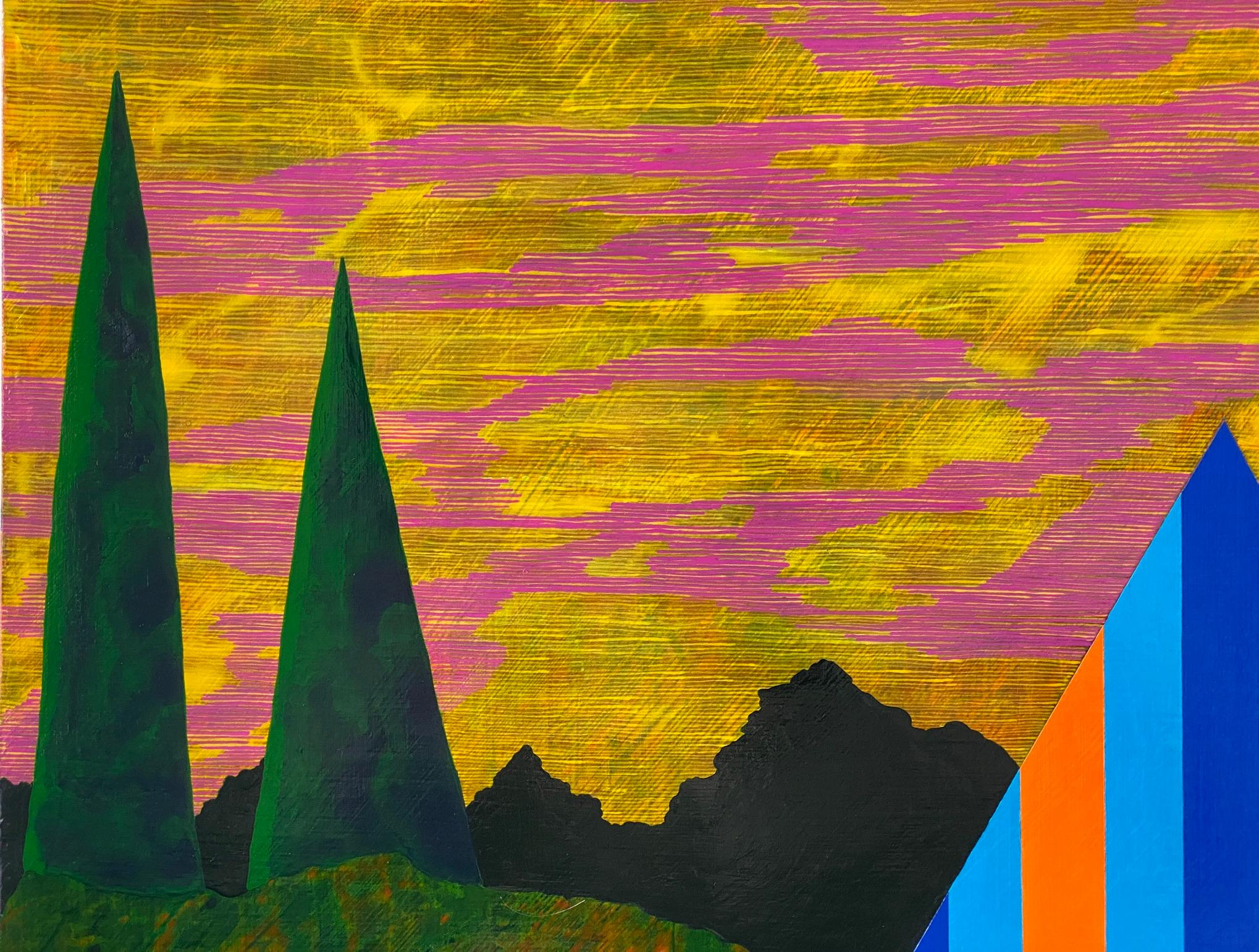 Gathering Sky, blue and orange house against sunset, painting on panel - Painting by James Isherwood