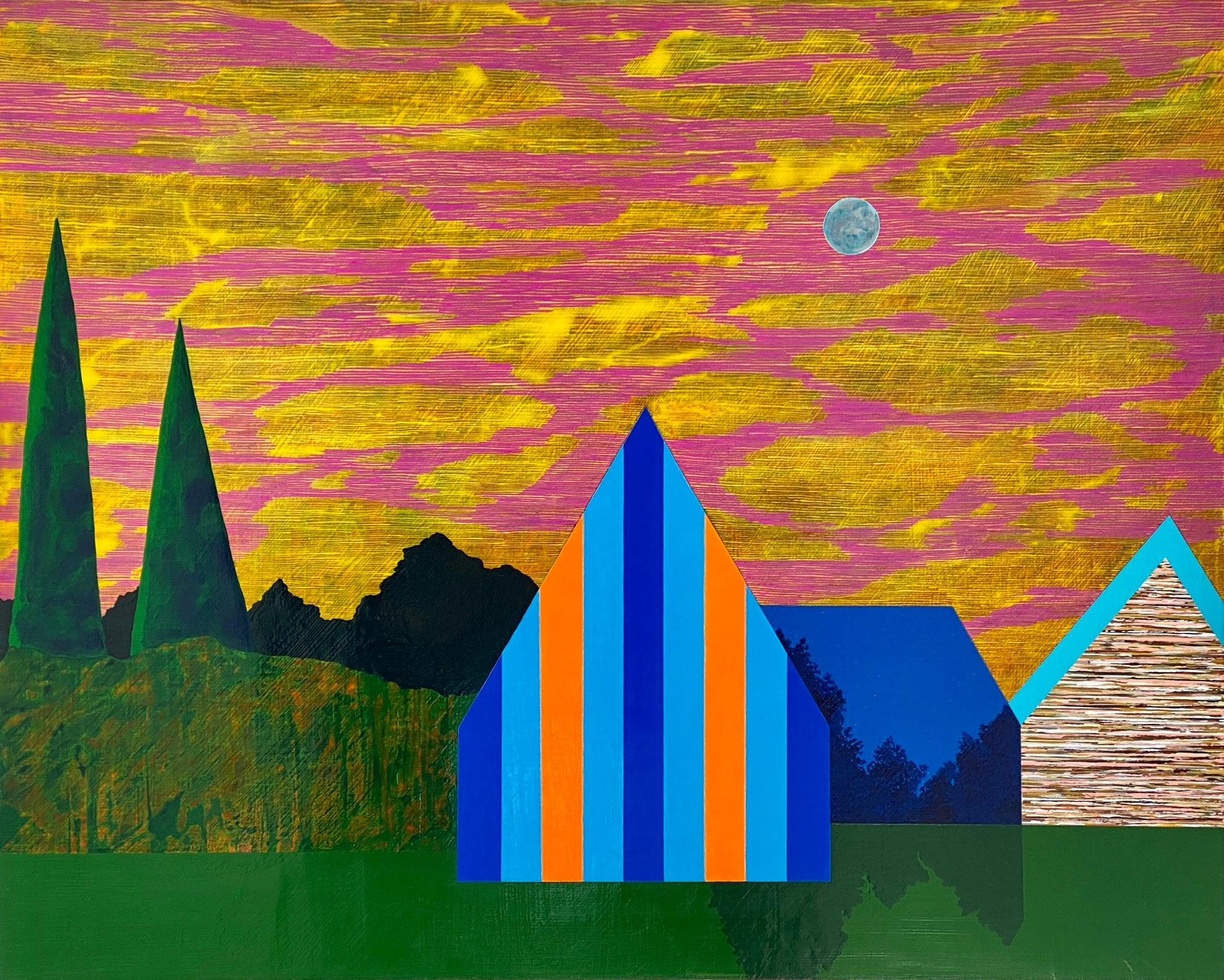 James Isherwood Landscape Painting - Gathering Sky, blue and orange house against sunset, painting on panel