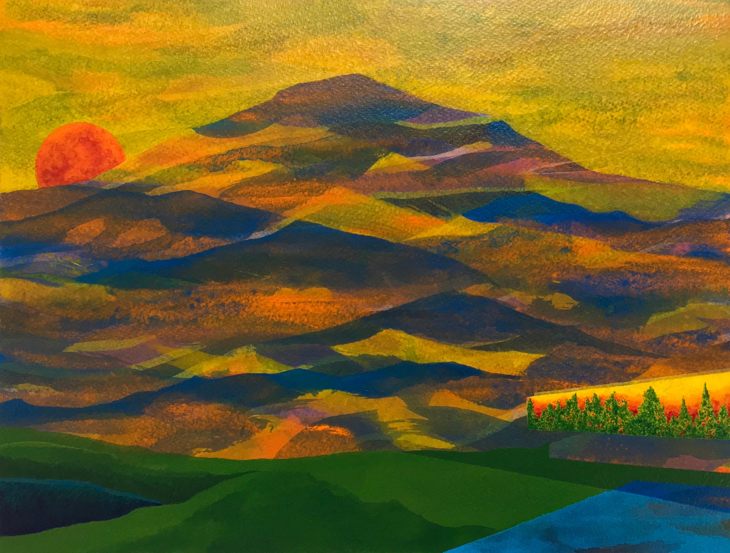 James Isherwood Landscape Painting - Golden Hour, acrylic on paper, colorful mountain range, sunset