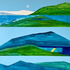 Greenland, blue and green surrealistic painting of mountains, water