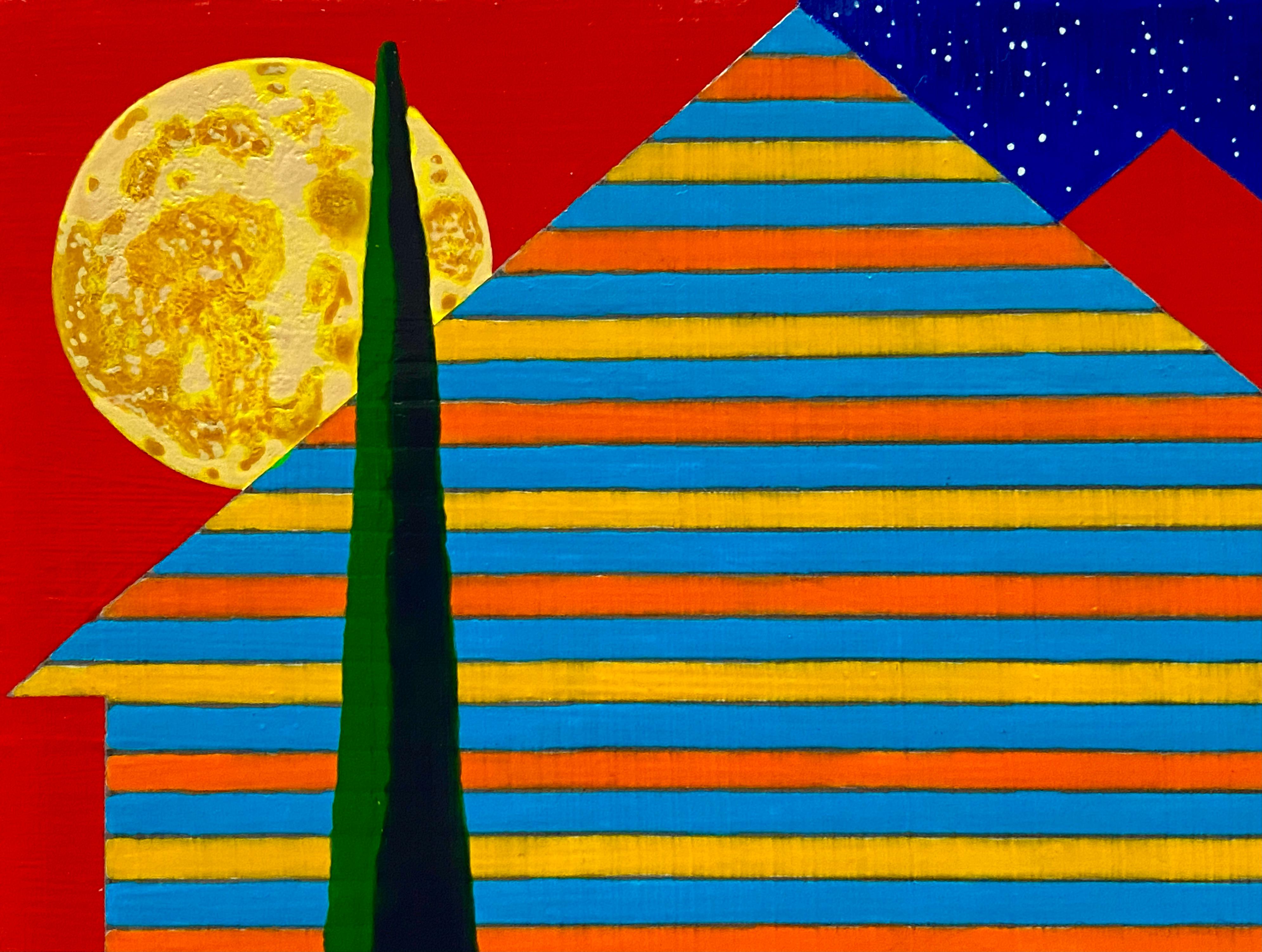 Interstice, small striped house against blue and red skies, painting on panel - Painting by James Isherwood