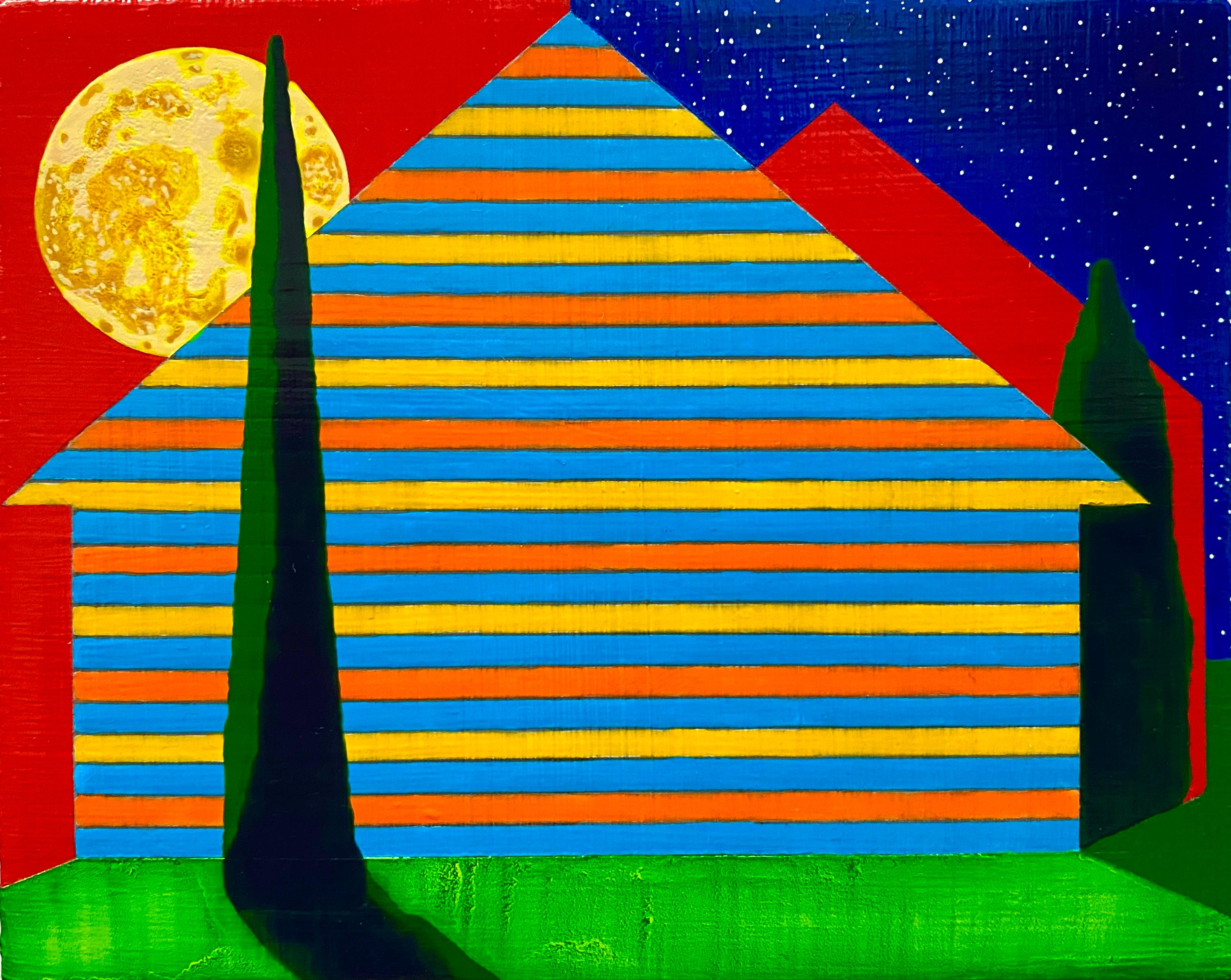 Interstice, small striped house against blue and red skies, painting on panel