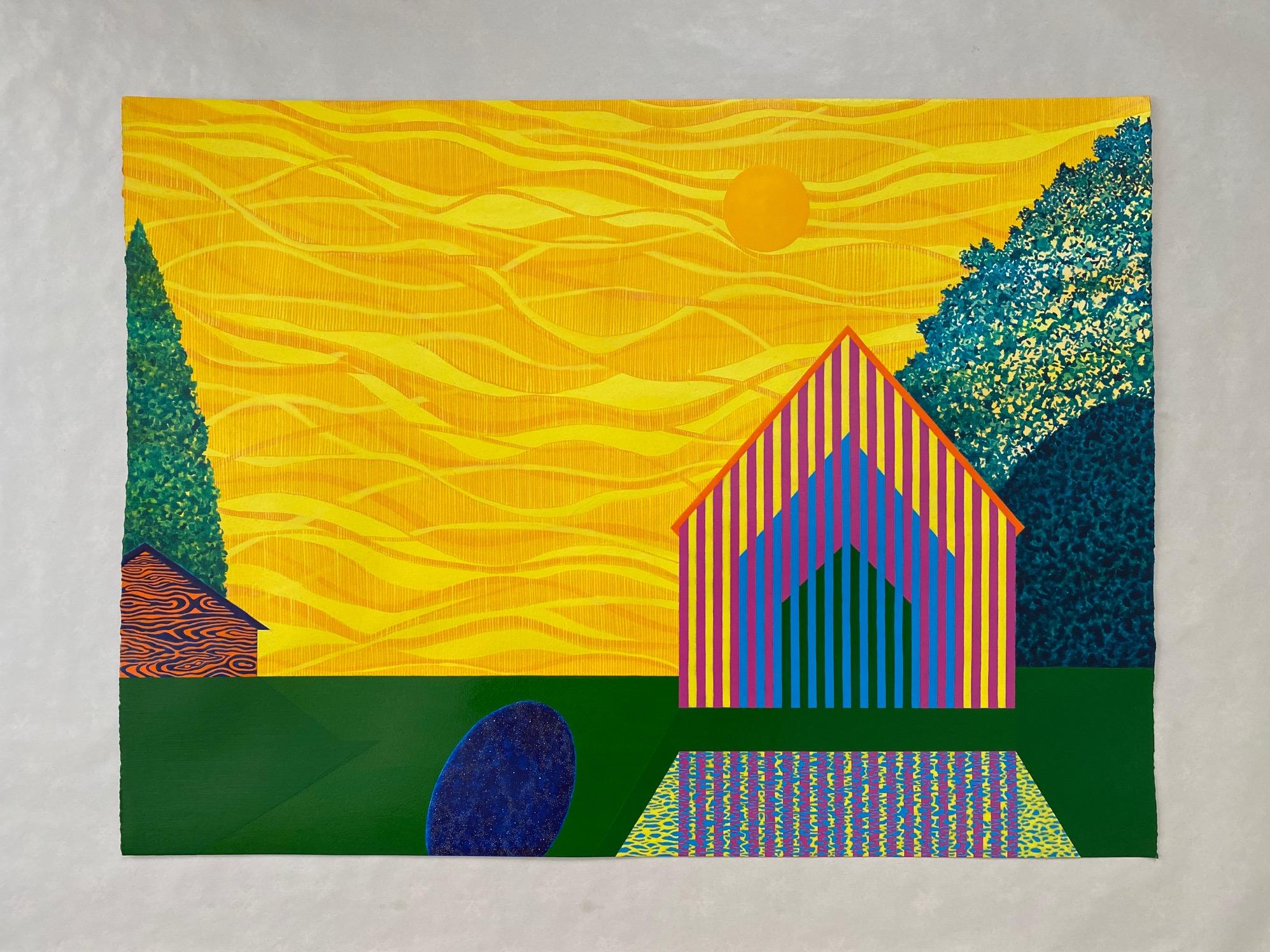 Lemon Sky, acrylic on paper painting of architecture, yellow and green - Painting by James Isherwood