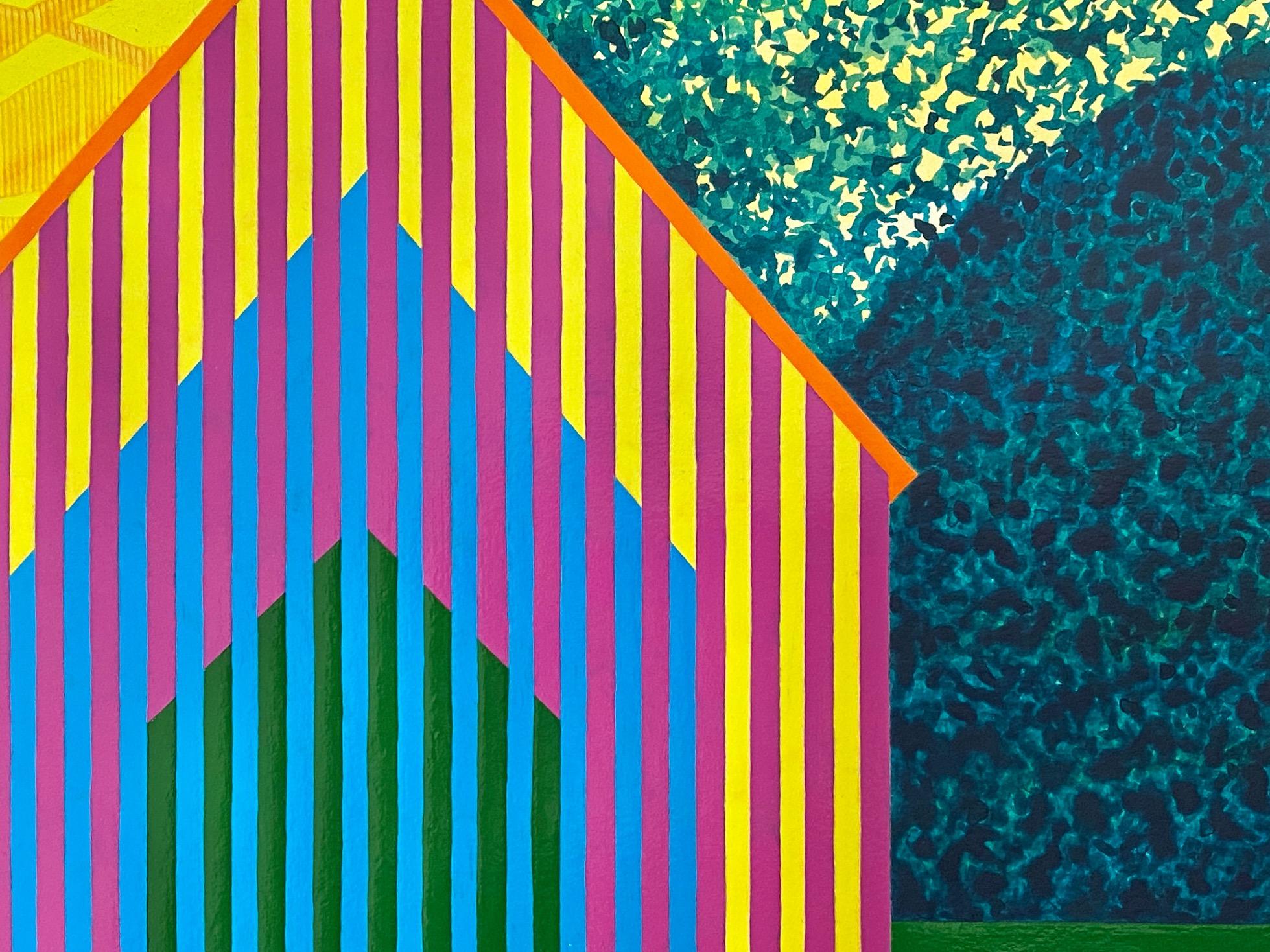 Lemon Sky, acrylic on paper painting of architecture, yellow and green - Contemporary Painting by James Isherwood