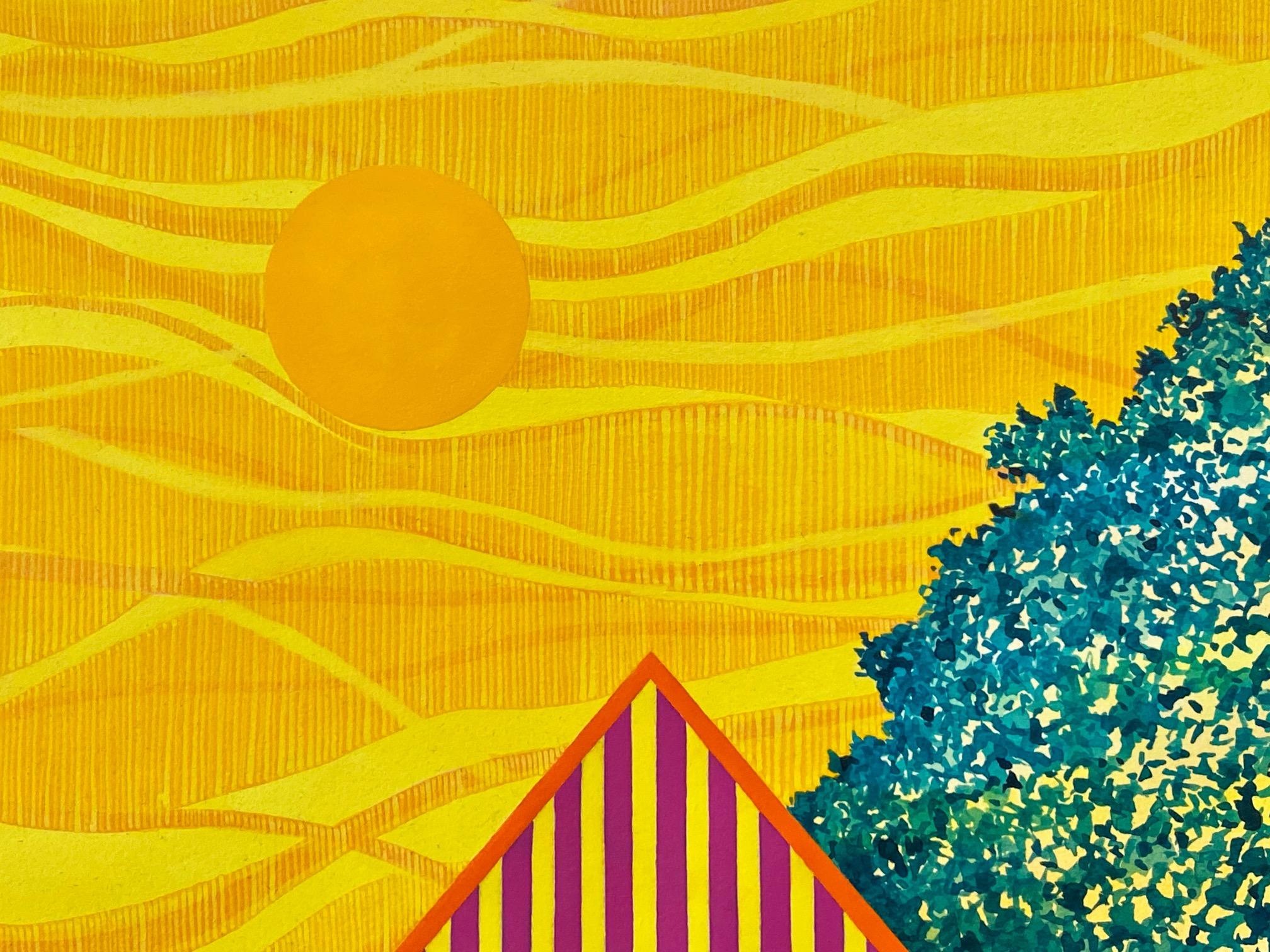 Lemon Sky, acrylic on paper painting of architecture, yellow and green - Yellow Landscape Painting by James Isherwood
