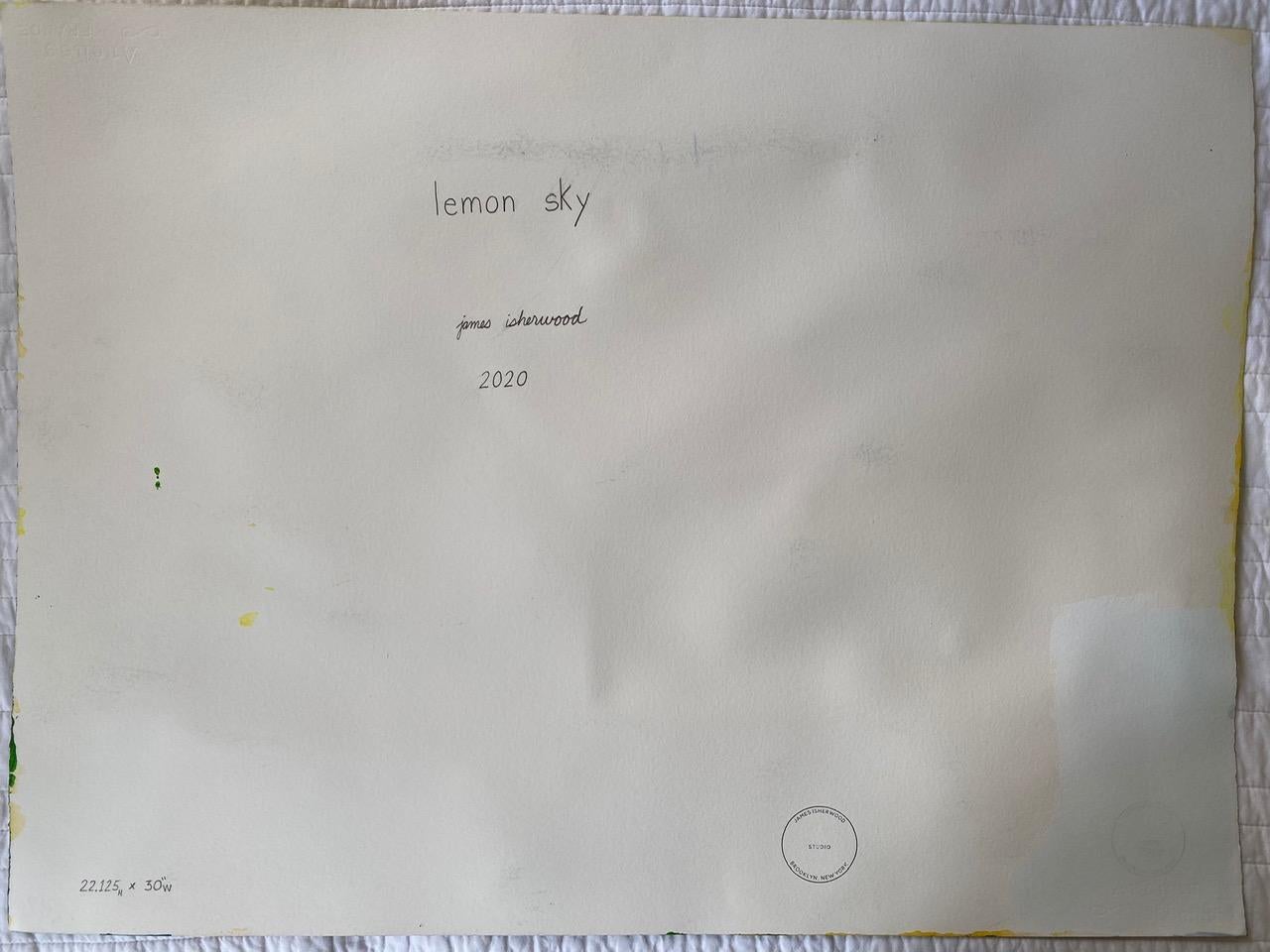 Lemon Sky, acrylic on paper painting of architecture, yellow and green 3