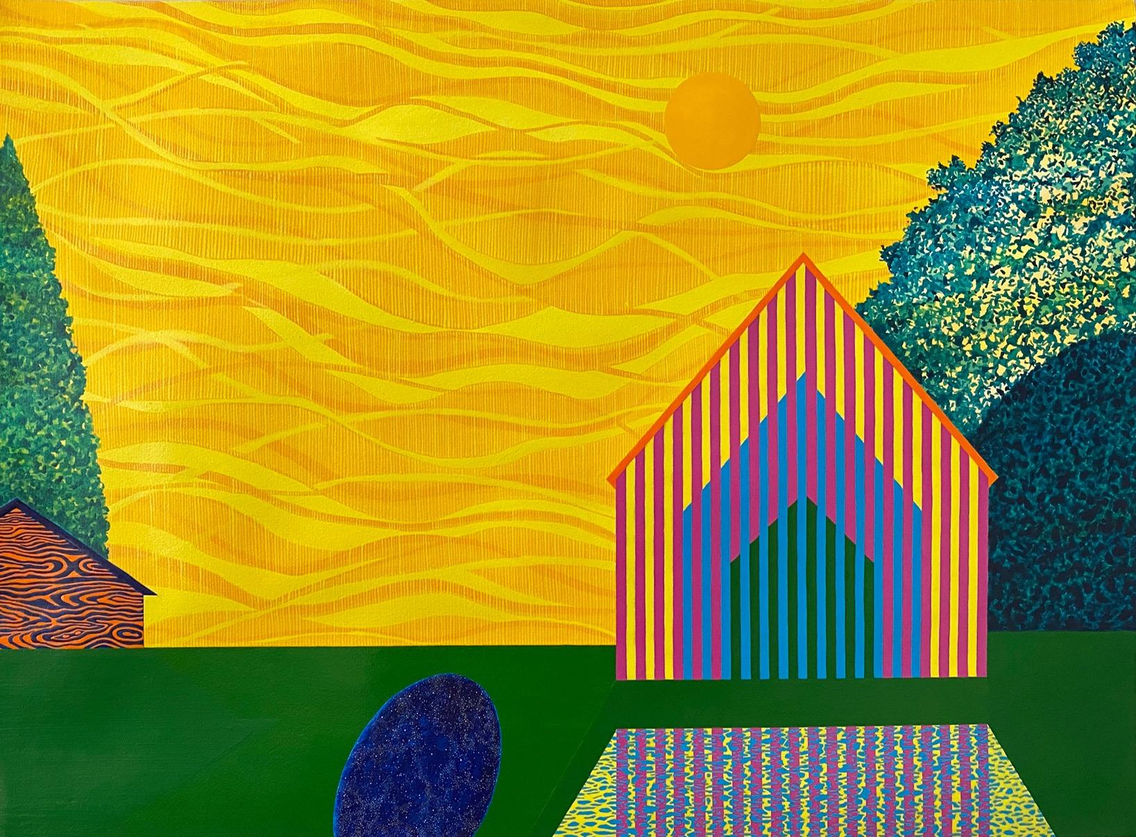 James Isherwood Landscape Painting - Lemon Sky, acrylic on paper painting of architecture, yellow and green