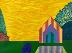 Lemon Sky, acrylic on paper painting of architecture, yellow and green