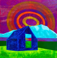 Looking Glass, brightly colored surrealistic work on paper, house and mountain