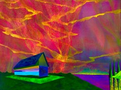 Magnetic Midnight, brightly colored painting of house against aurora lights