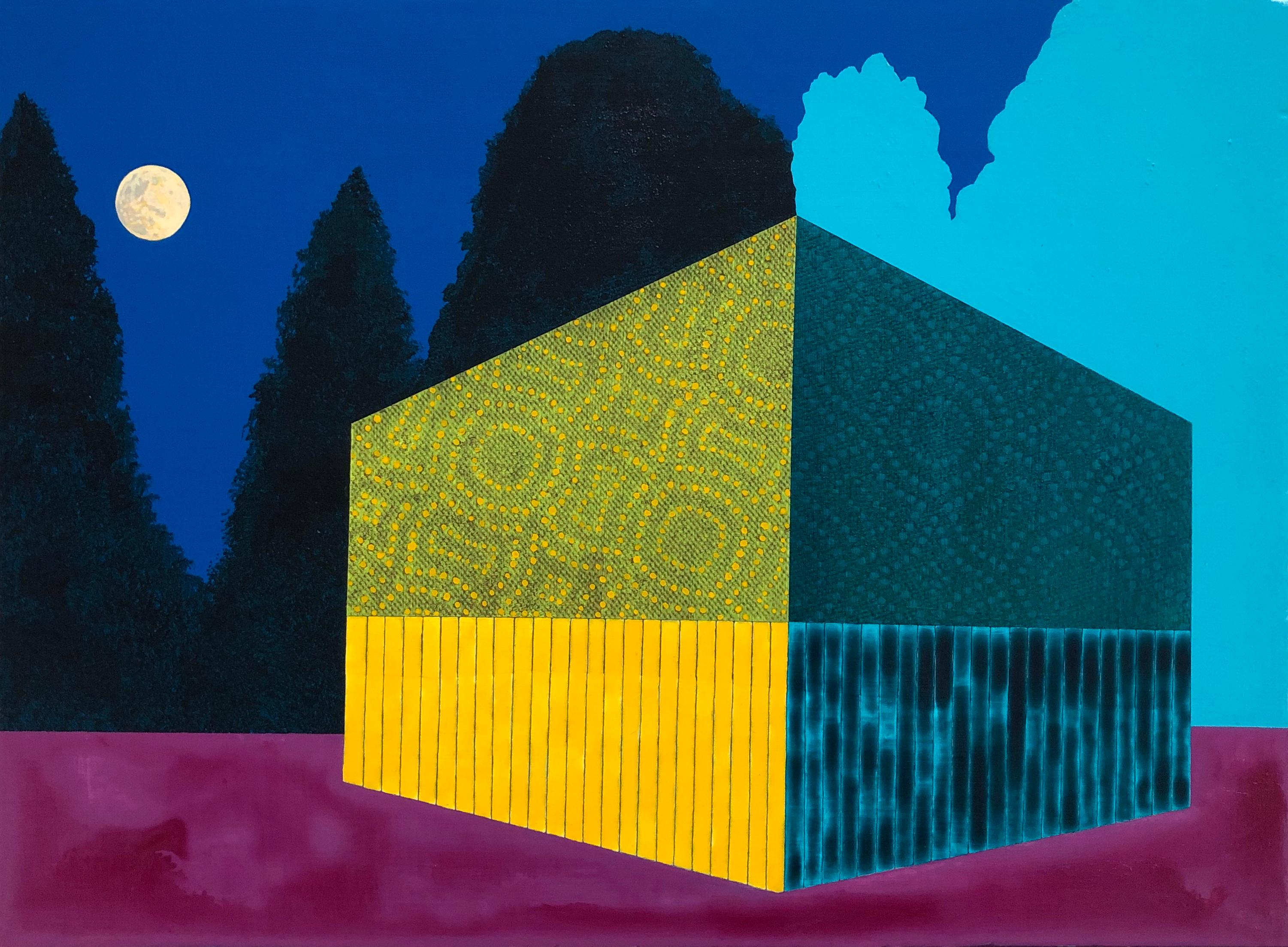 James Isherwood Abstract Painting - Night Scene, blue, yellow and purple building, painting on panel