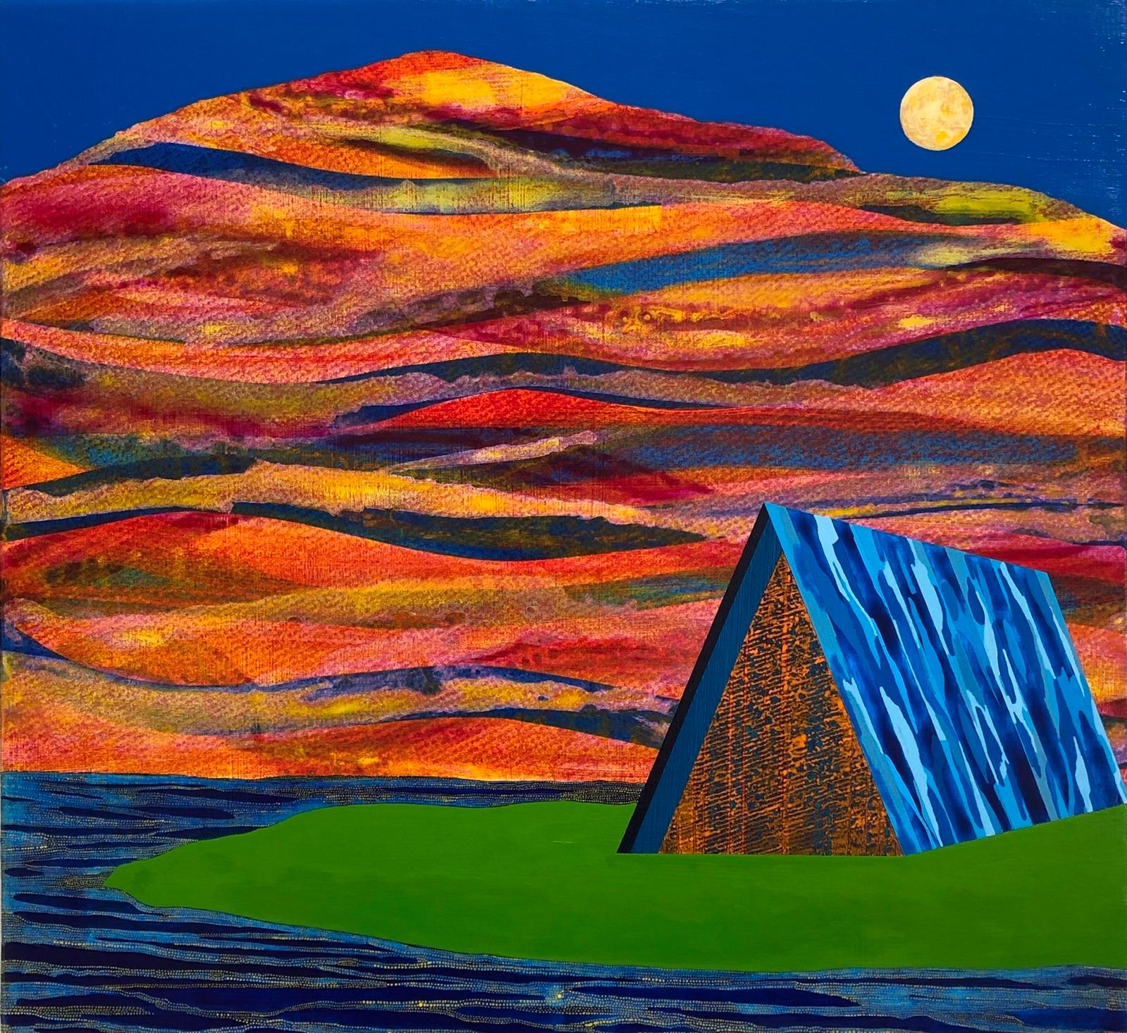 Reach of Horizon, blue house against mountain, painting on wood panel