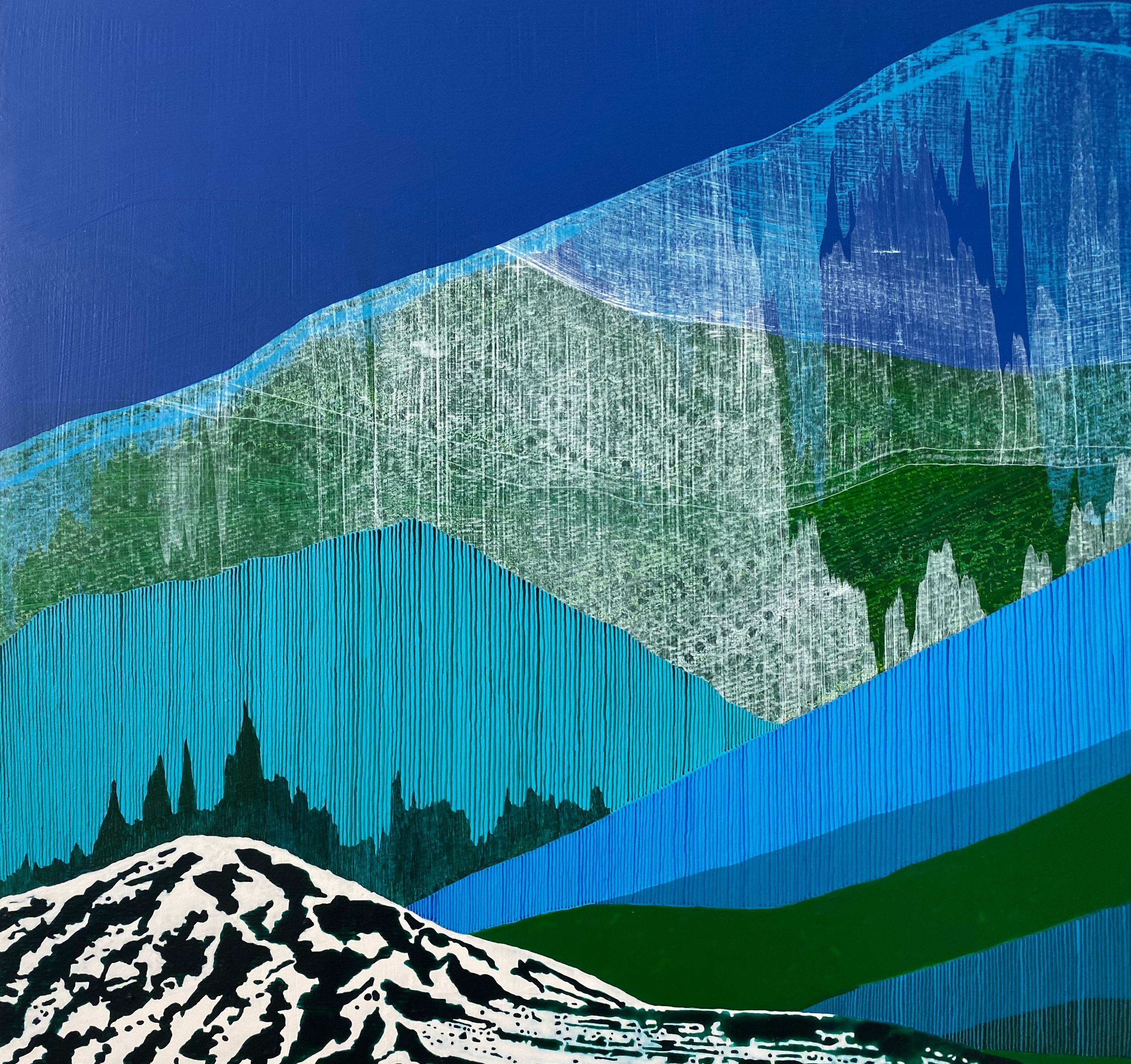 Tarn, blue and green mountain-scape on wood panel - Painting by James Isherwood