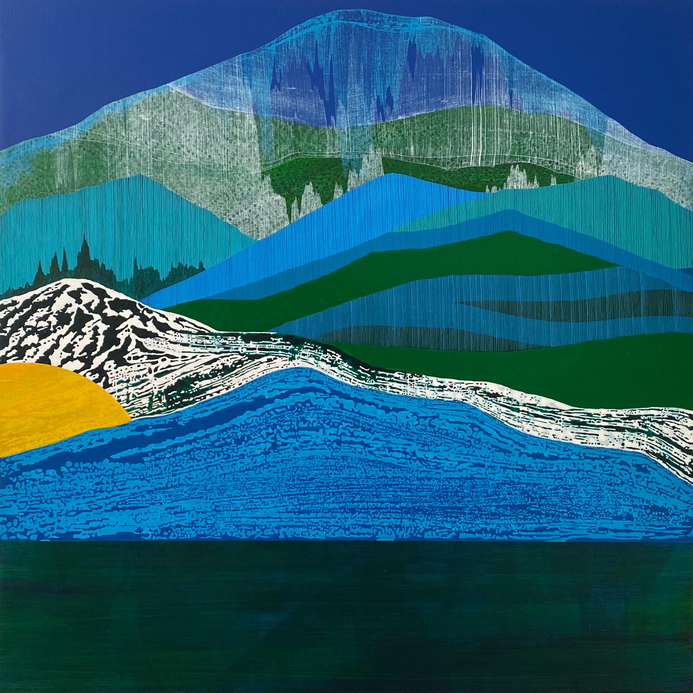 James Isherwood Landscape Painting - Tarn, blue and green mountain-scape on wood panel