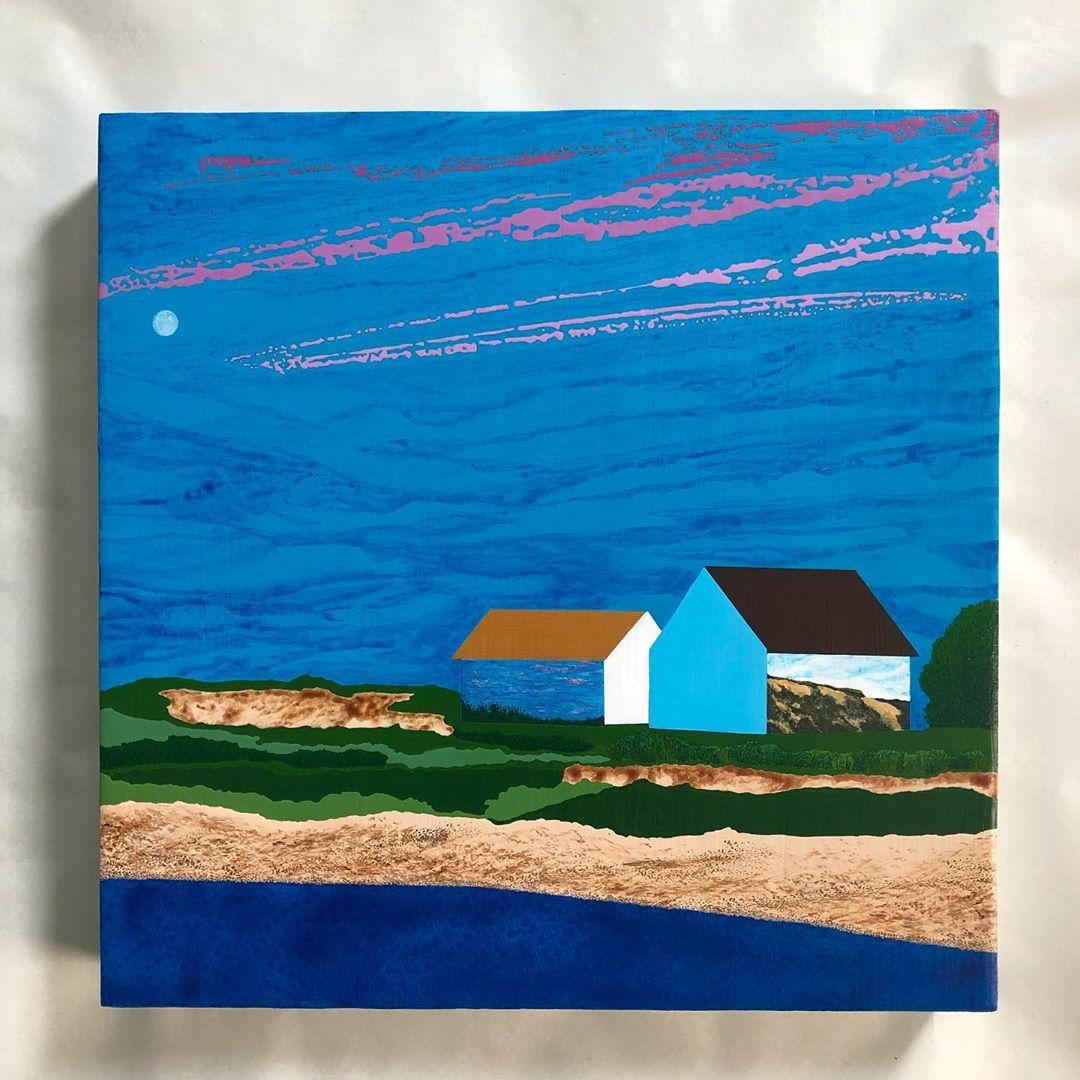 The Day Moon, houses on the shore, blue skies and beach  - Painting by James Isherwood