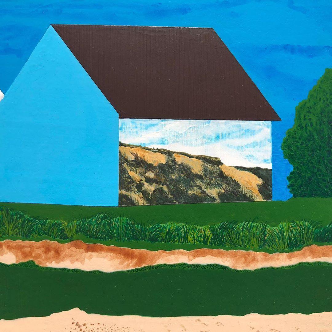 The Day Moon, houses on the shore, blue skies and beach  - Contemporary Painting by James Isherwood