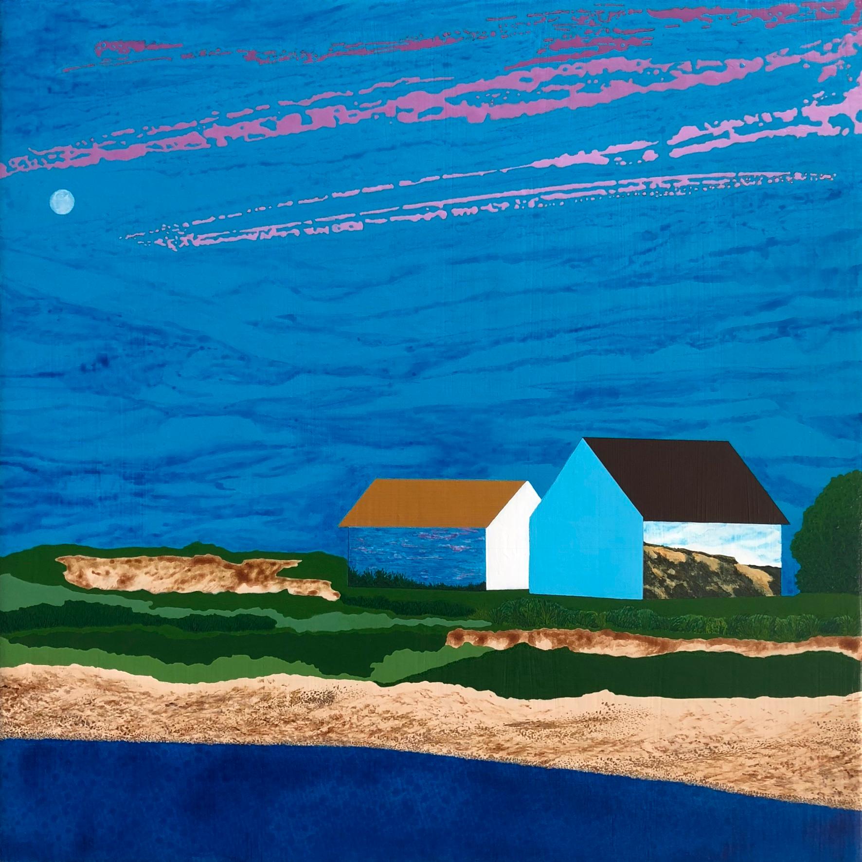 James Isherwood Landscape Painting - The Day Moon, houses on the shore, blue skies and beach 