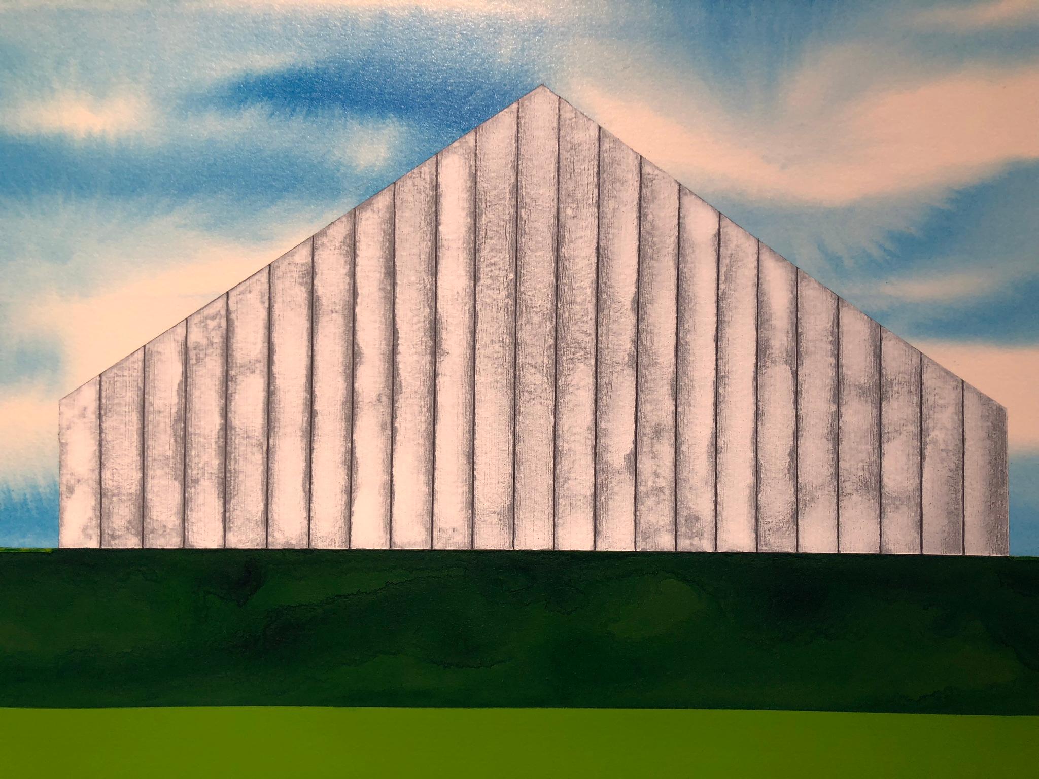 The Yearning Season.  Acrylic on paper, surrealist landscape with white barn  - Painting by James Isherwood