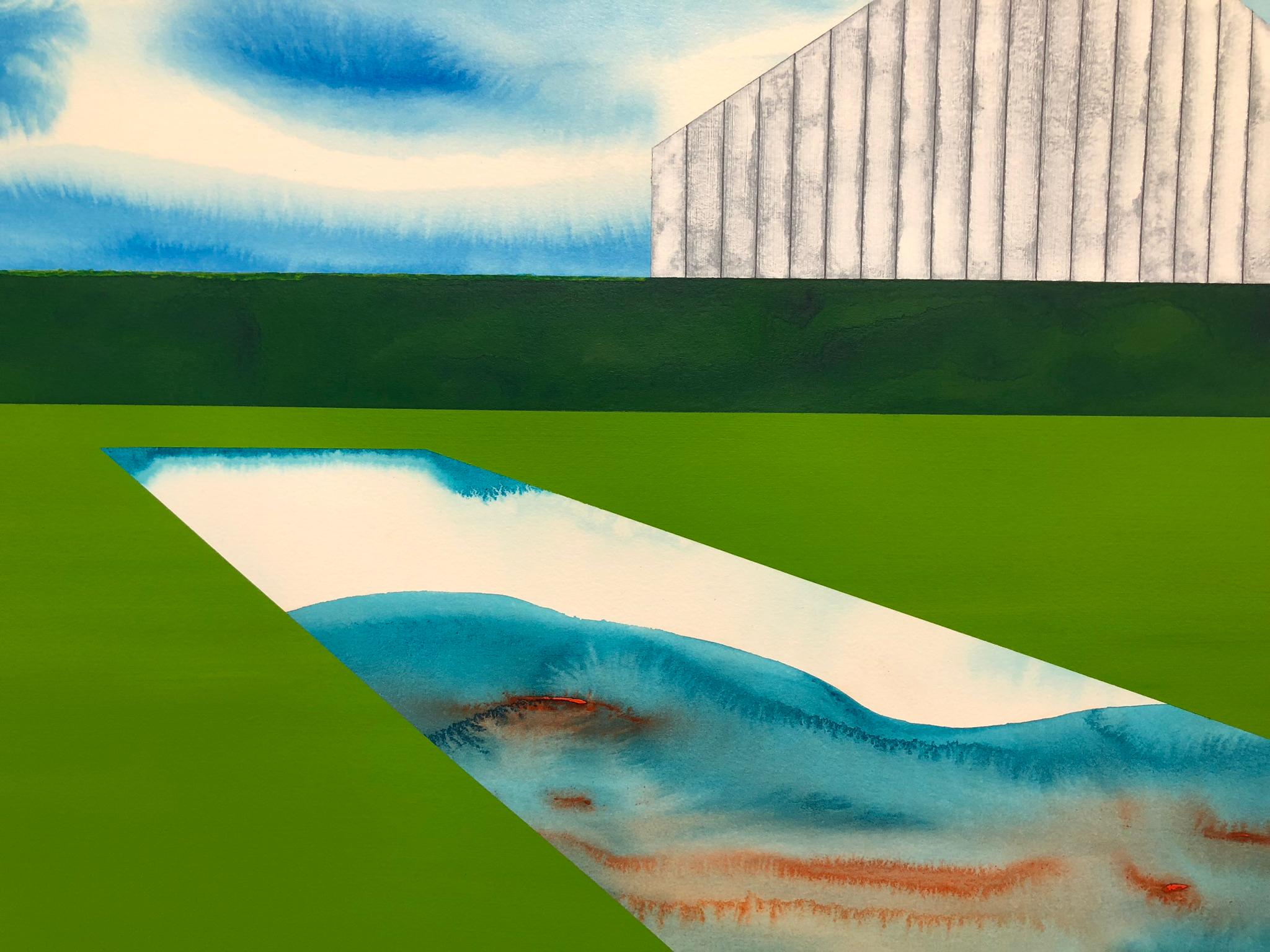 The Yearning Season.  Acrylic on paper, surrealist landscape with white barn  - Contemporary Painting by James Isherwood