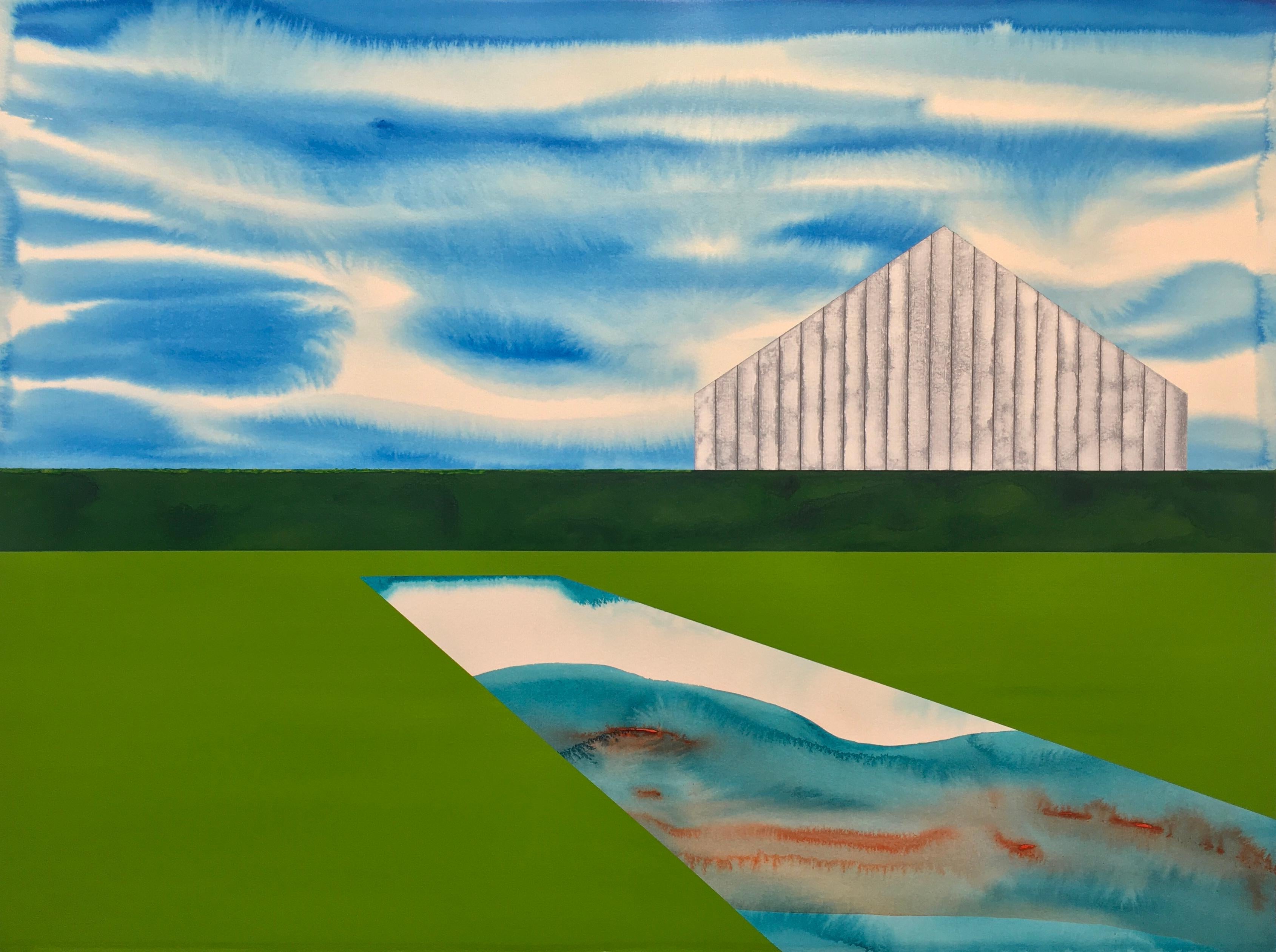 James Isherwood Landscape Painting - The Yearning Season.  Acrylic on paper, surrealist landscape with white barn 