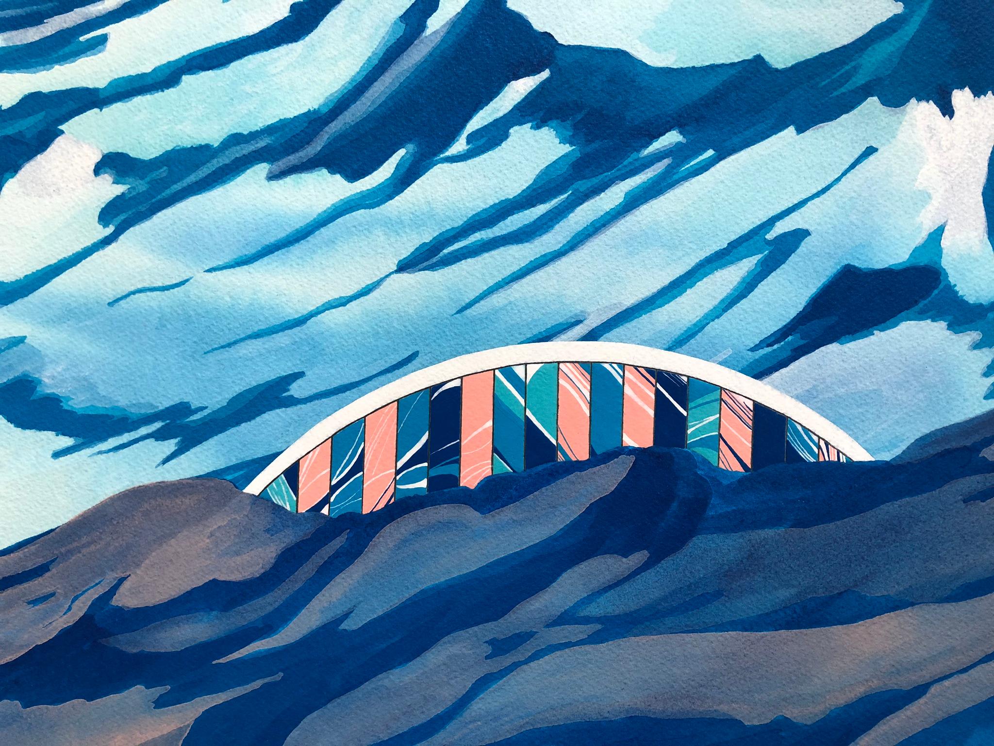 The Zenith Principle, blue and pink mountainscape, work on paper - Painting by James Isherwood