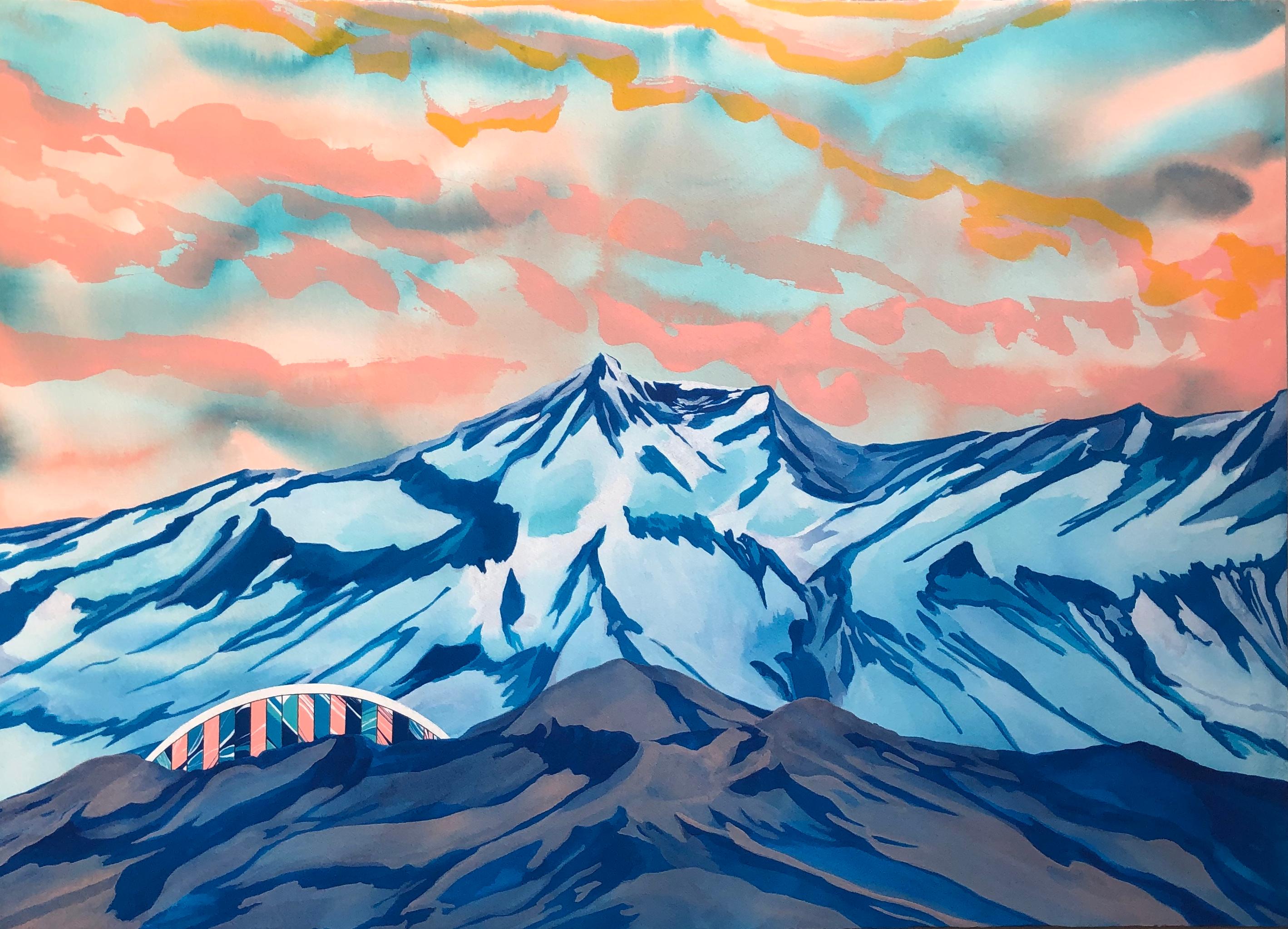 The Zenith Principle, blue and pink mountainscape, work on paper