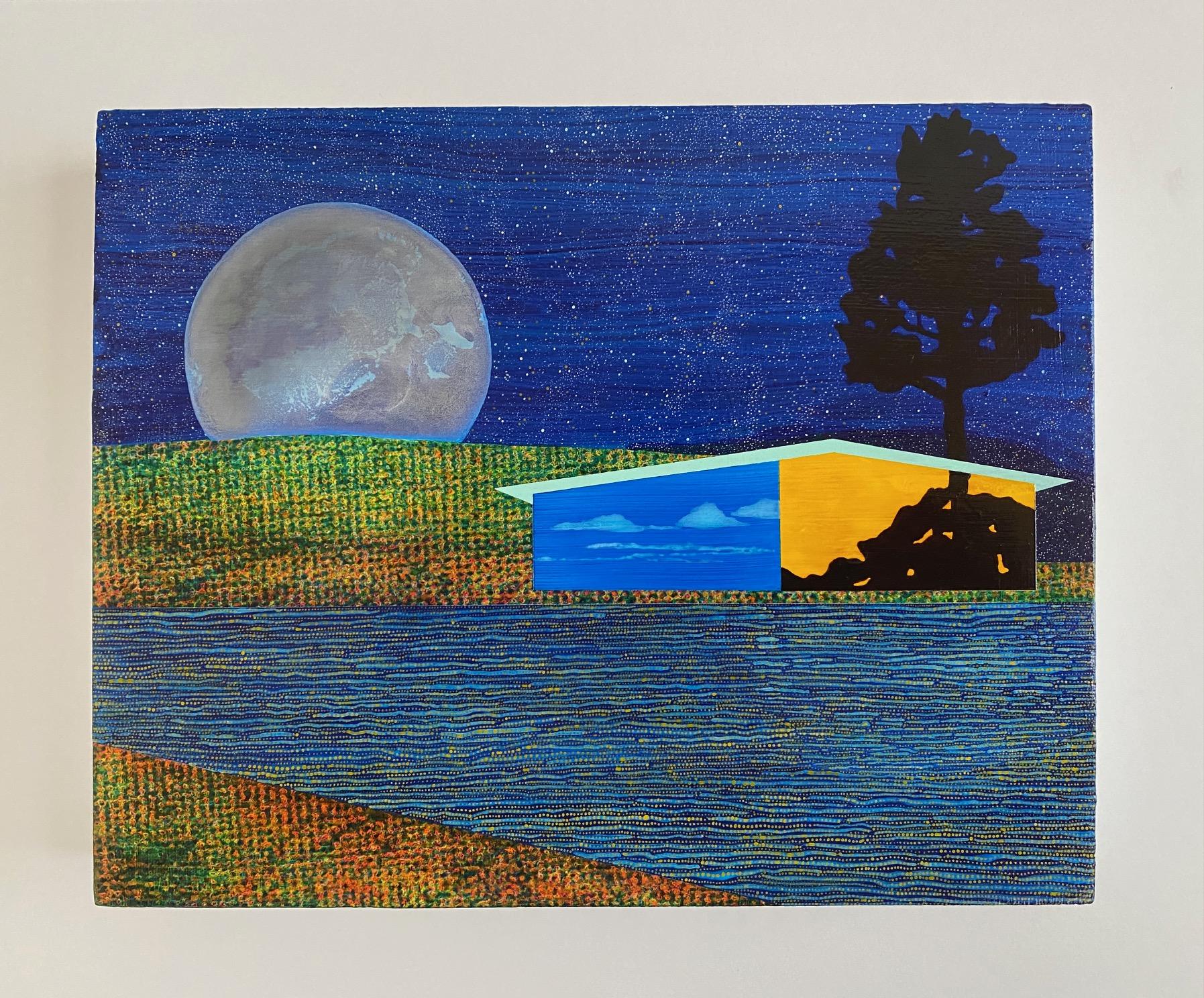 Vinalhaven, blue landscape on panel - Painting by James Isherwood