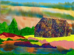 Visitation, surreal landscape painting of house on a lake, bright vivid colors