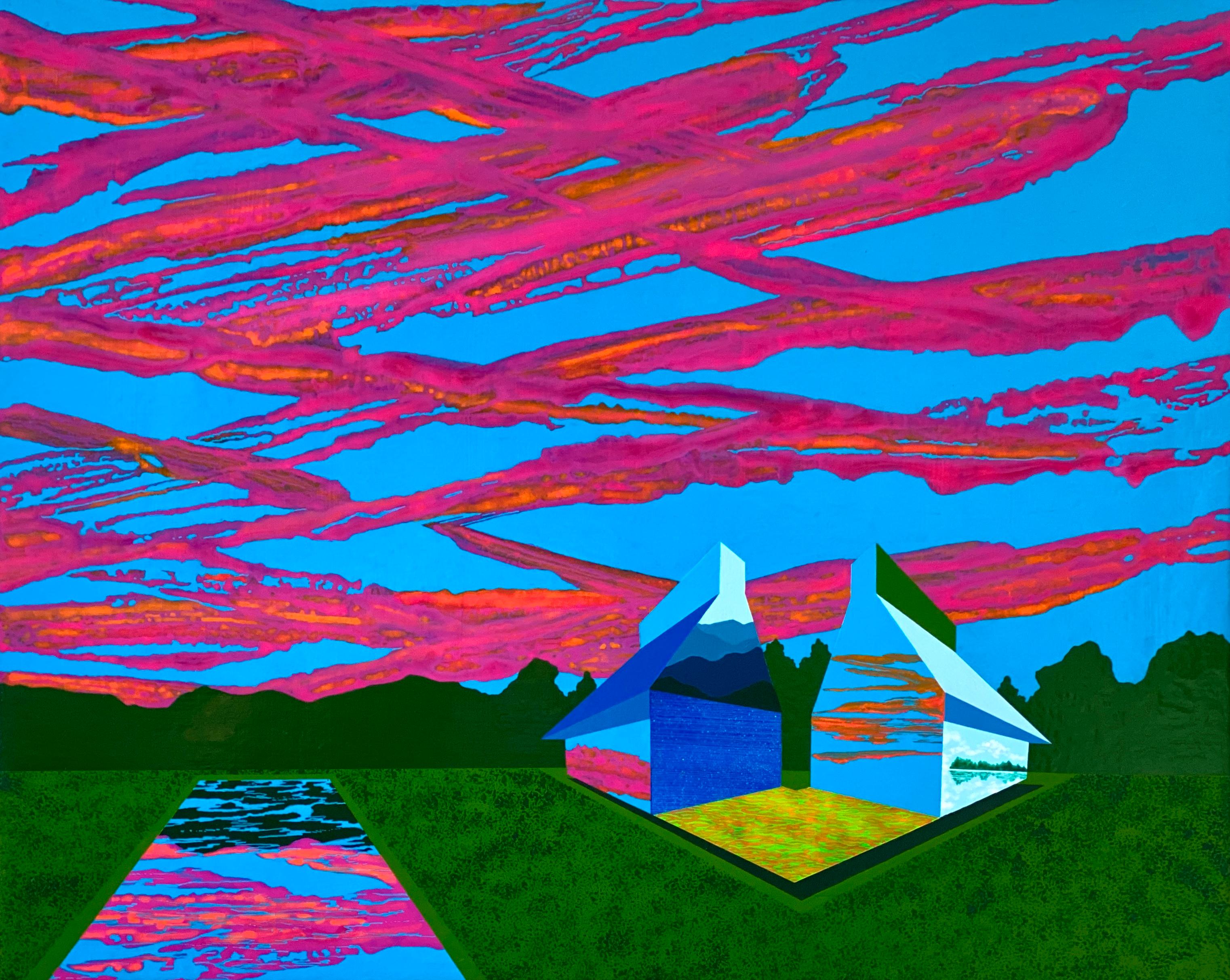 James Isherwood Landscape Painting - Whole, surrealistic painting of architecture against purple and blue sky