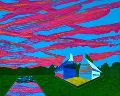 Whole, surrealistic painting of architecture against purple and blue sky