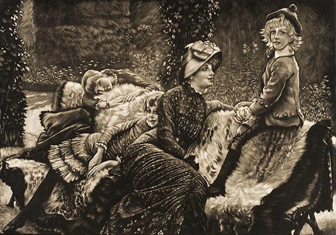 The banc de jardin. - Beige Figurative Print par James Jacques Joseph Tissot