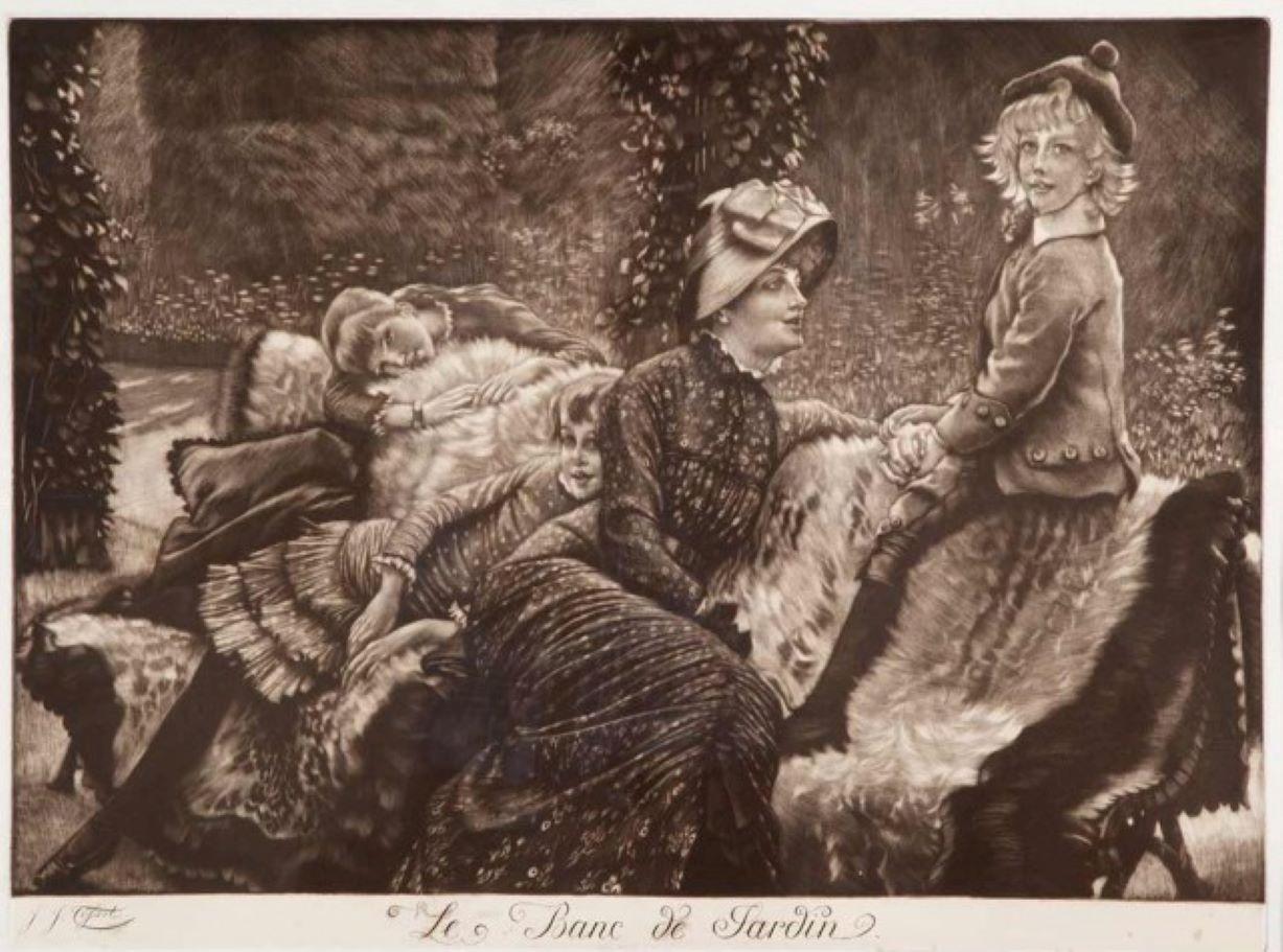 Le banc de jardin. 1883. Mezzotint.  TISSOT   catalogue 79, Béraldi  catalogue  66, Wentworth  catalogue 75 état ii/iii. 16 1/2 x 22 1/8 (feuille 21 1/2 x 28 1/2). Edition d'environ 500 exemplaires dans trois États. Imprimé à l'encre brune/noire sur