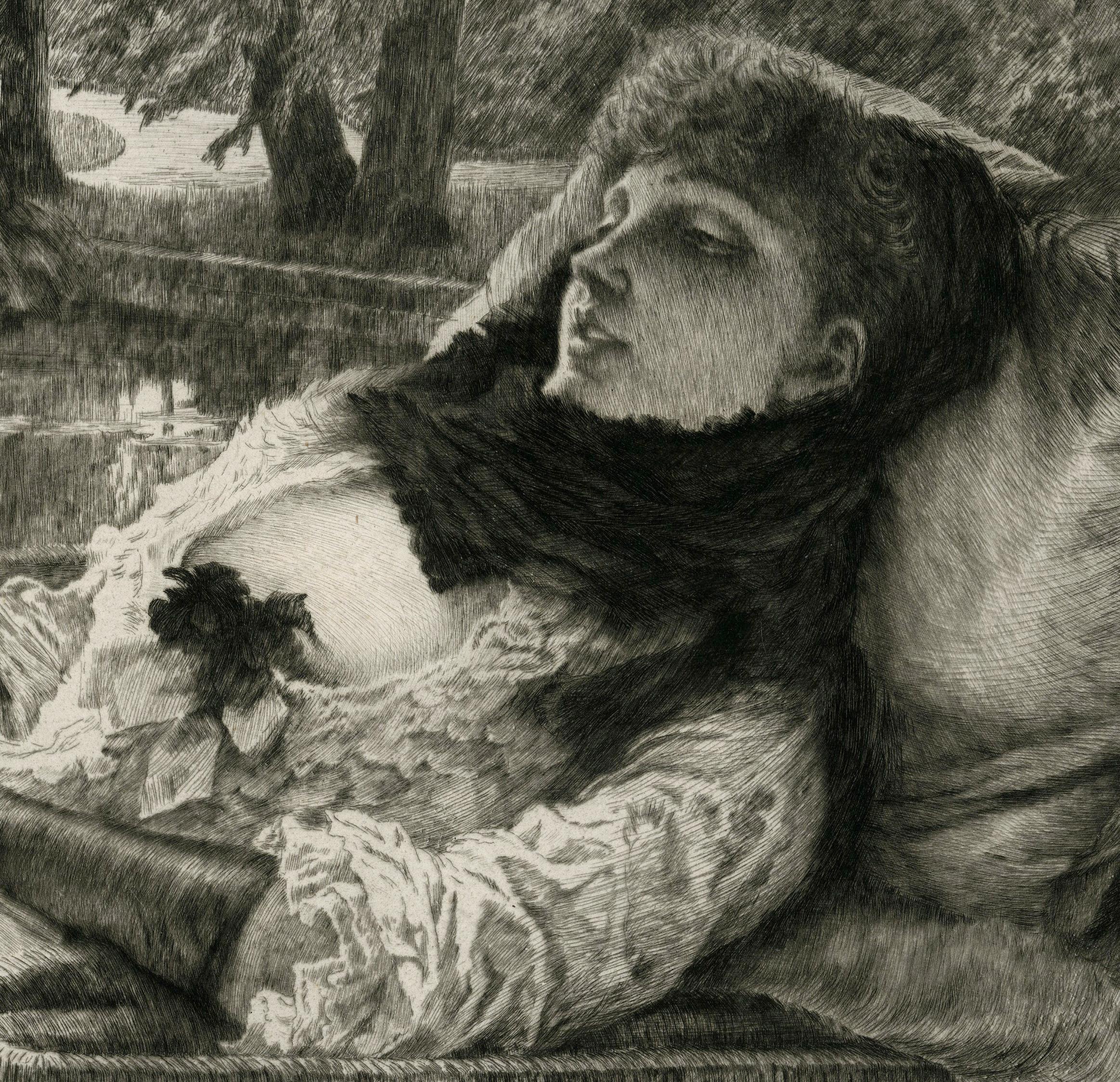 Soirée d'été (Summer Evening)
Etching & drypoint,  1881
Signed and dated in the plate lower left corner
Edition: c. 100 in both states; plate canceled
Tissot's lover, Irish divorcee Mrs. Kathleen Newton, resting on a chaise.
Brilliant impression