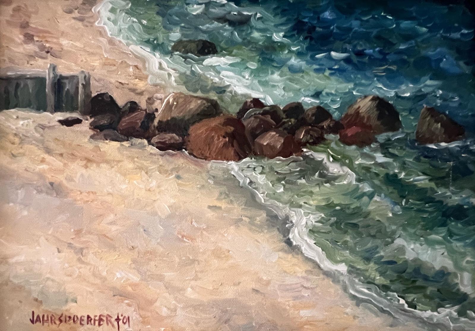 Dieses Werk, "Sound View Inn", ist ein 11,5 x 15,5 großes Ölgemälde auf Leinwand des Künstlers James Jahrsdoerfer, das einen Blick auf den Ozean und einen felsigen Strand zeigt. Das kabbelige Wasser am Nachmittag bringt schäumende Wellenkämme mit