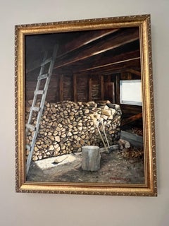 James Jahrsdoerfer, "In the Garage", Interior Wood Pile Oil Painting on Canvas