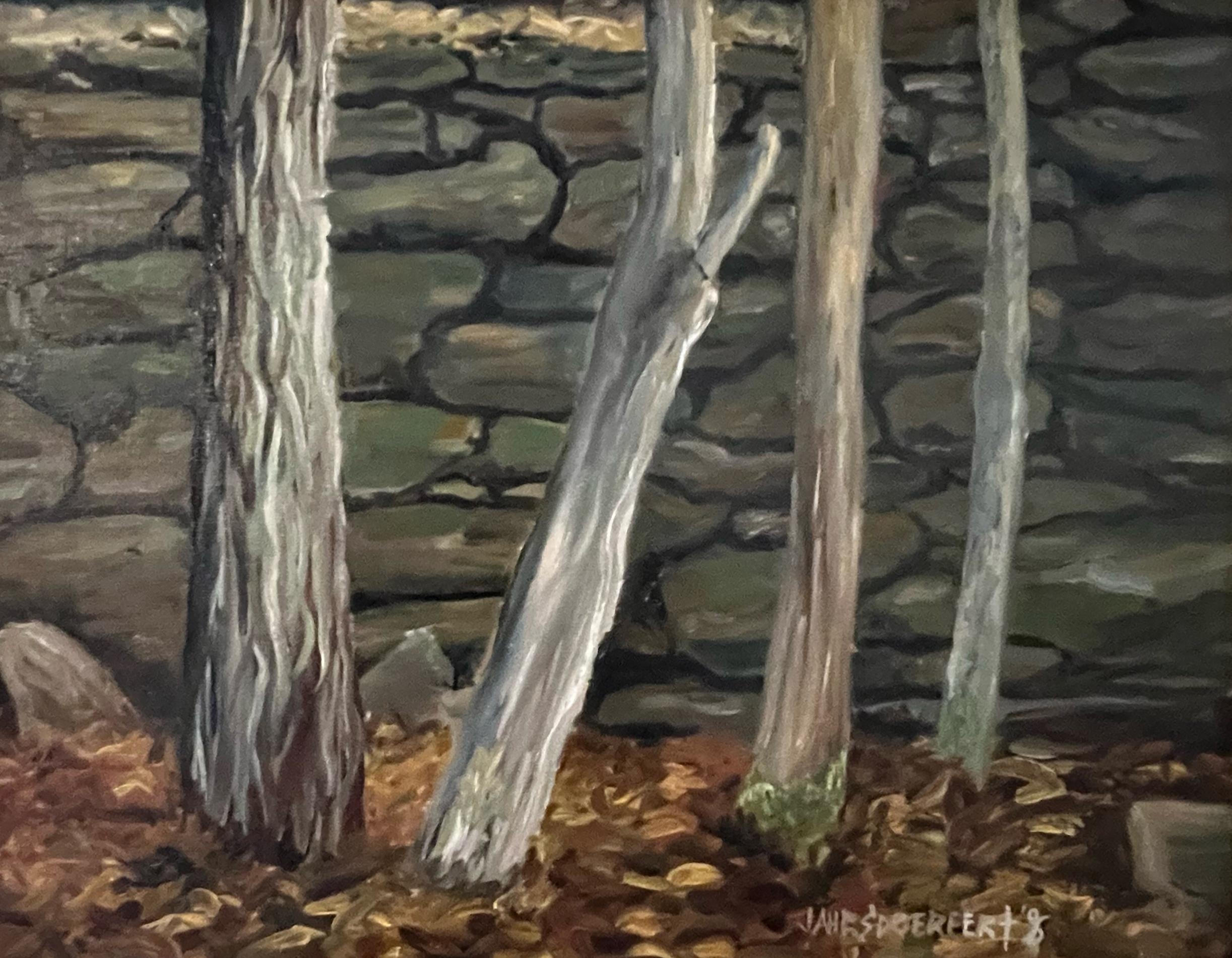 James Jahrsdoerfer, "Vermont Wall", Tree Rock Wall Oil Painting on Canvas