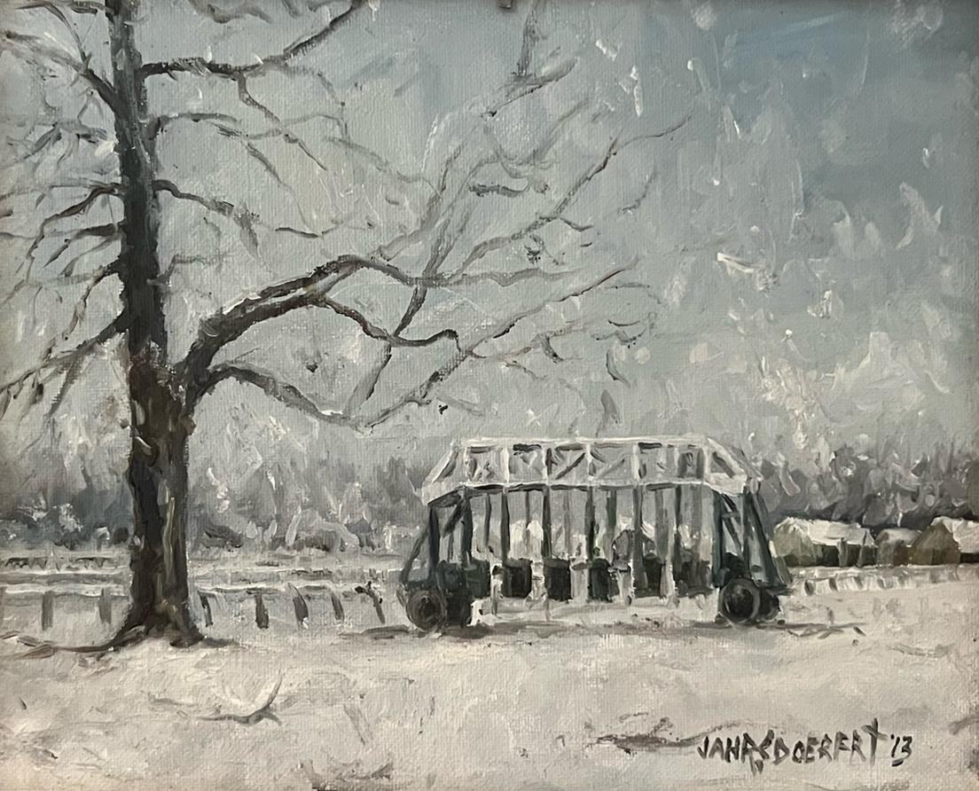 This piece, "No Breezing Today", is an 8x10 oil painting on canvas by artist James Jahrsdoerfer featuring a snowy winter view at the Saratoga Racetrack starting gate during snow squall. Tiny white snow flakes quietly blanket the trees, gate, and