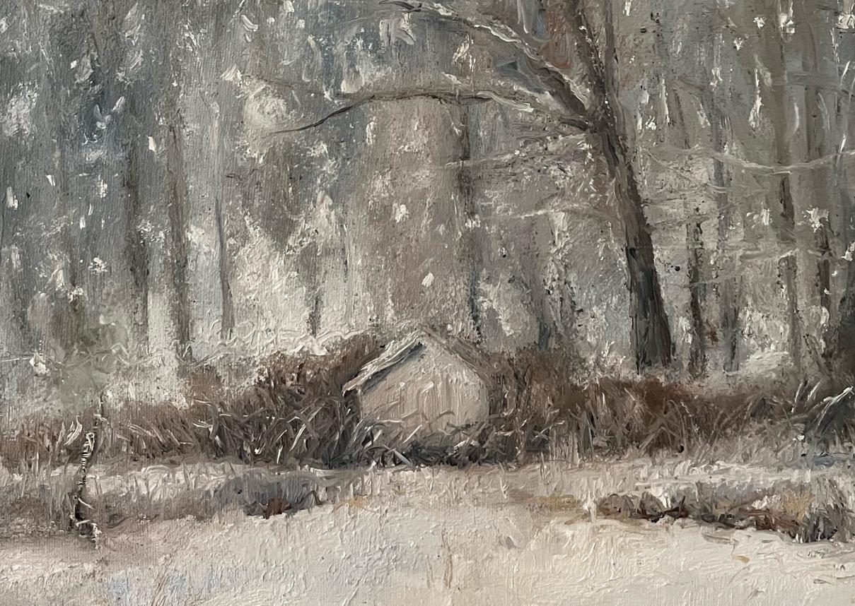 Peinture à l'huile sur toile « First Snow » de James Jahrsdoerfer, paysage d'hiver enneigé en vente 1