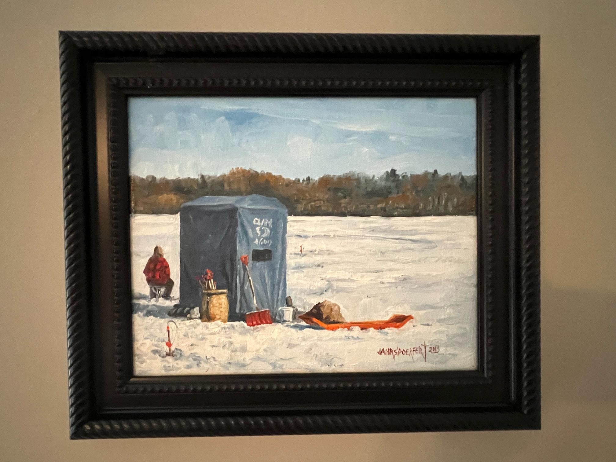 Ölgemälde „Fishing on Round Lake“ von James Jahrsdoerfer, Winter-Eis Fischer, Öl – Painting von James Jahrsdoerfer 