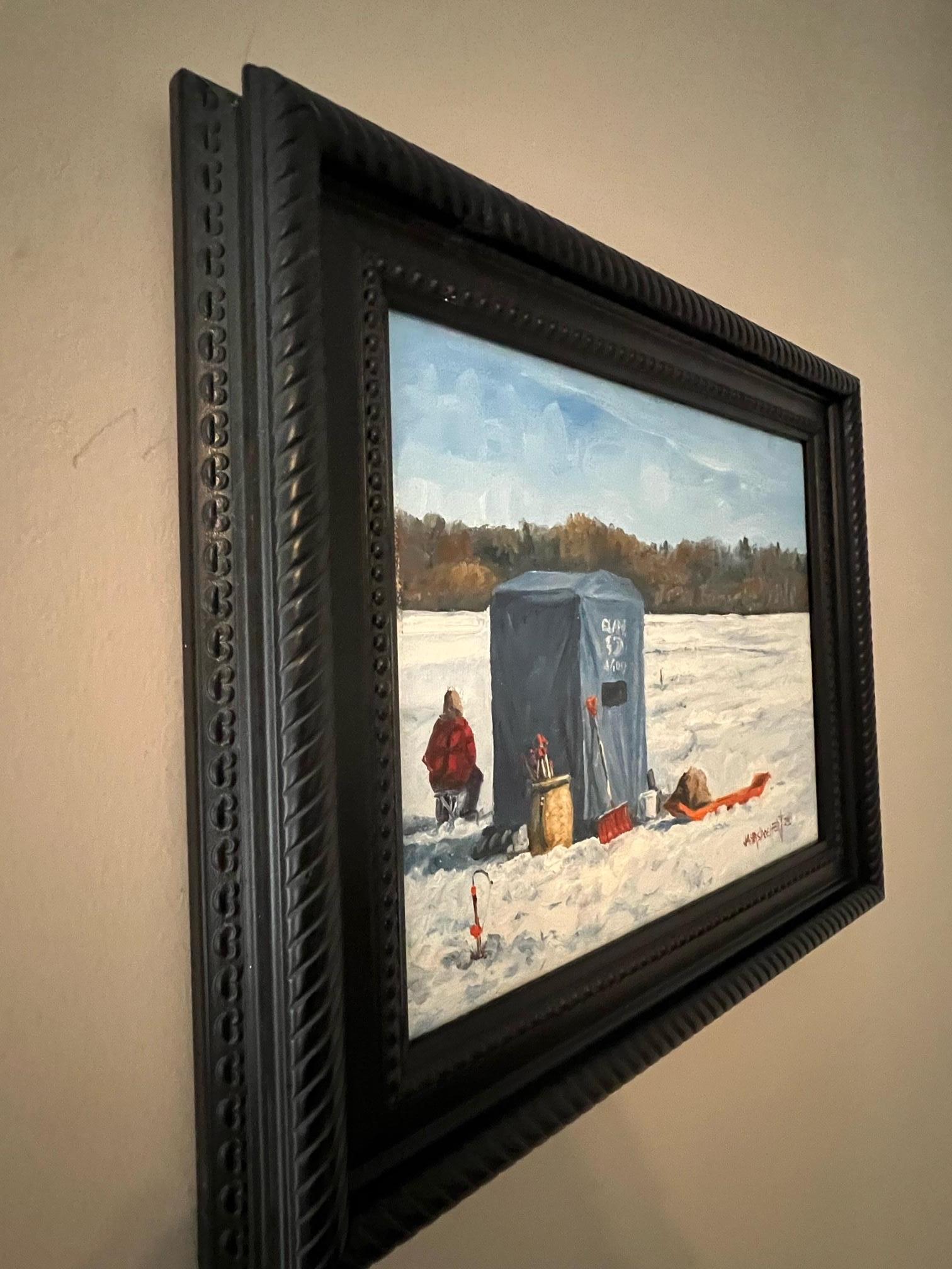 Ölgemälde „Fishing on Round Lake“ von James Jahrsdoerfer, Winter-Eis Fischer, Öl (Amerikanischer Realismus), Painting, von James Jahrsdoerfer 