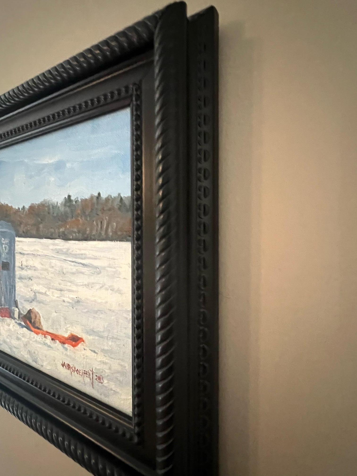 Ölgemälde „Fishing on Round Lake“ von James Jahrsdoerfer, Winter-Eis Fischer, Öl (Grau), Landscape Painting, von James Jahrsdoerfer 
