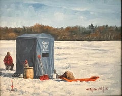 James Jahrsdoerfer, "Fishing on Round Lake", Winter Ice Fishing Oil Painting